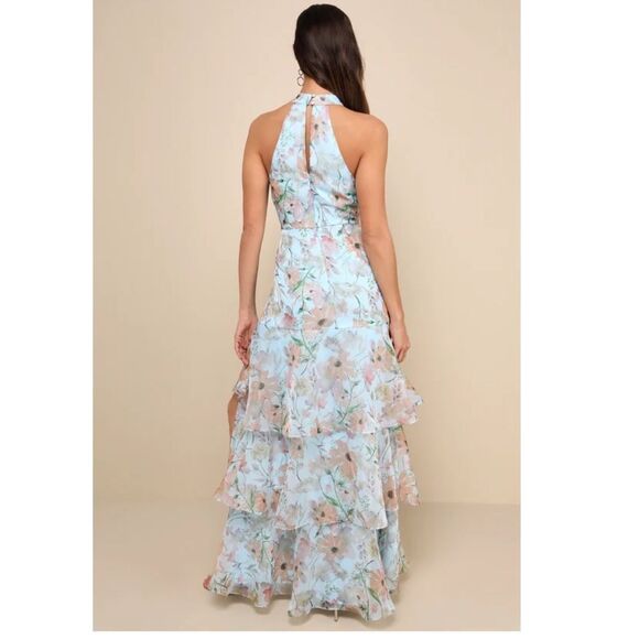 Lulus Forever Exceptional Light Blue‎ Floral Halter Organza Maxi Dress, Medium - Picture 3 of 5